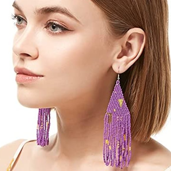 Long 5" Multicolor Abstract Purple Handmade Beaded Oversized Boho Earrings New - Picture 4 of 4